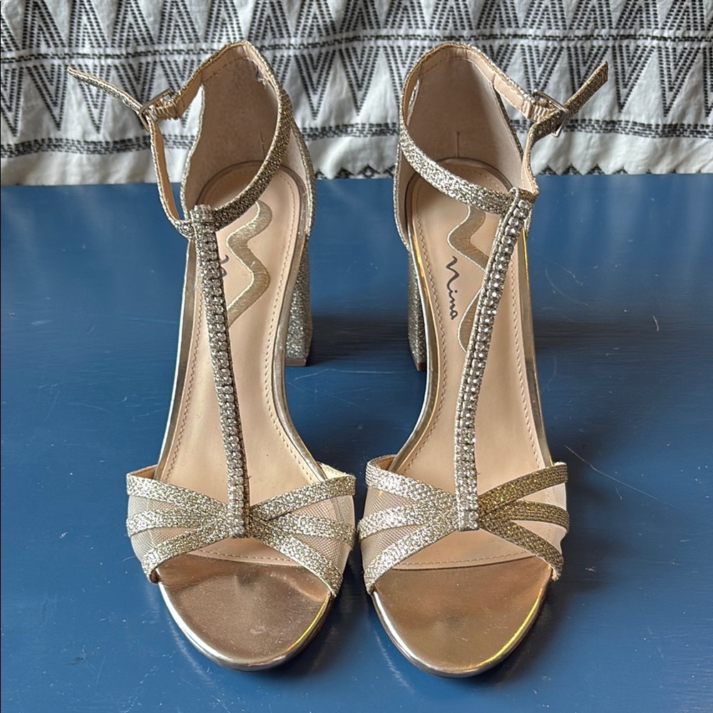 Nina Gold T-Strap Rhinestone High Heel Sandals